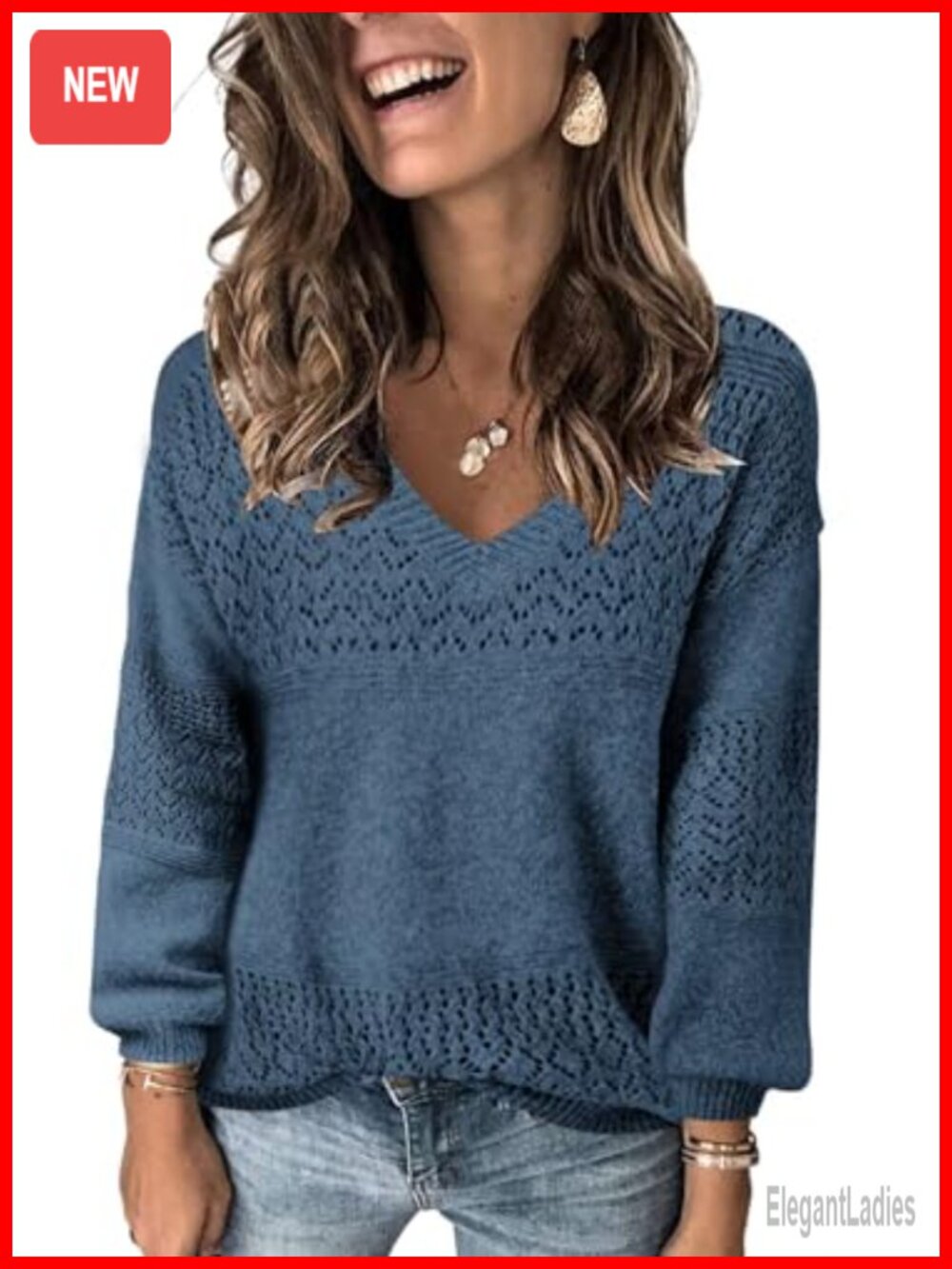 Womens V Neck Long Sleeve Crochet Knit Pullover Sweater Lightweight